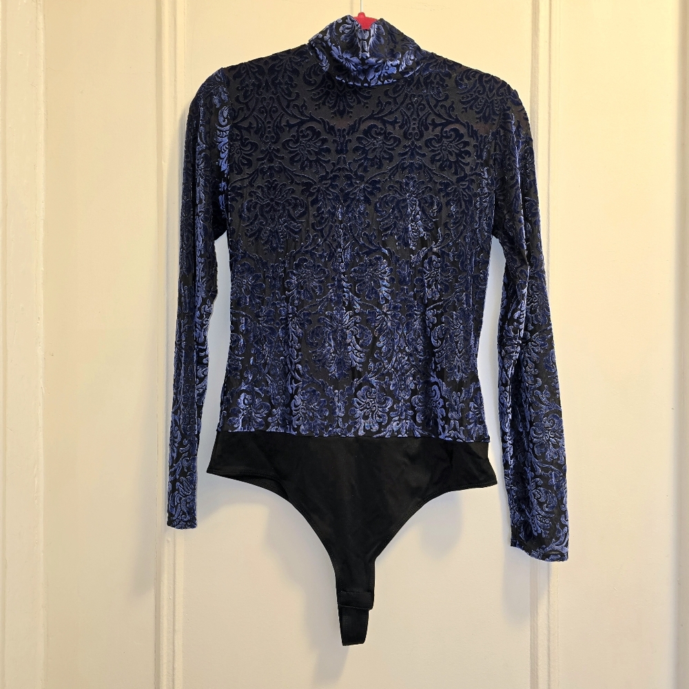 Amanda Uprichard Royal Blue & Black Velvet Nava Bodysuit - Sz Large
